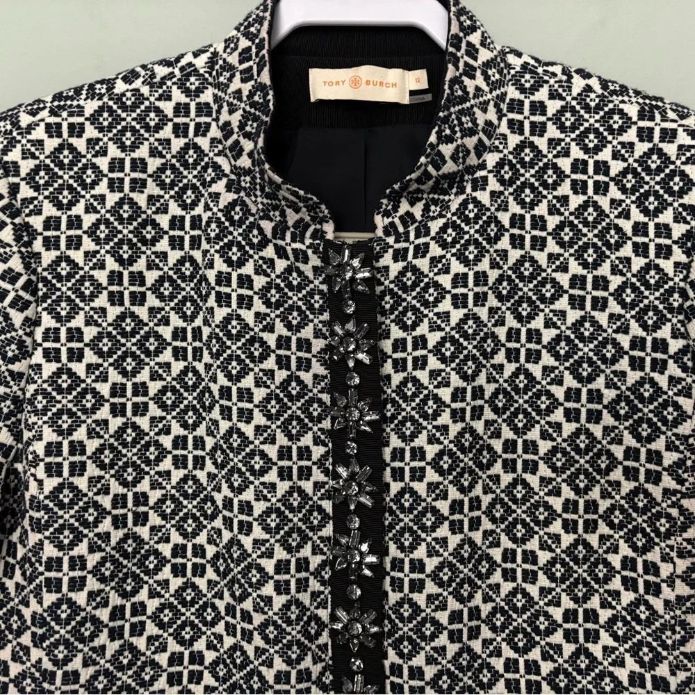Tory Burch Embellished Jacquard Jacket Size 12 Navy Ivory Collarless Blazer